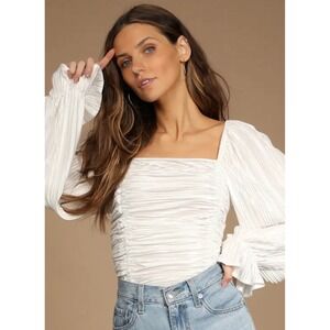Lulus White Women's Sz Med Bodysuit Blouse Top New with tags Long Sleeve Rouched
